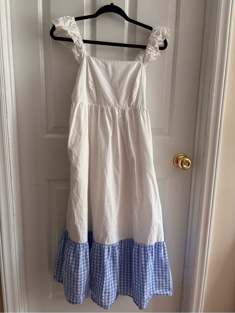 English Factory Midi Sundress with Blue Gingham Ruffle